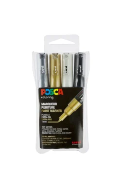 Maalikynä 4 kpl Posca 1M musta, valkoinen, kulta ja hopea