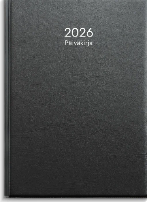 Päiväkirja musta muovikansi parikierresidottu 2026